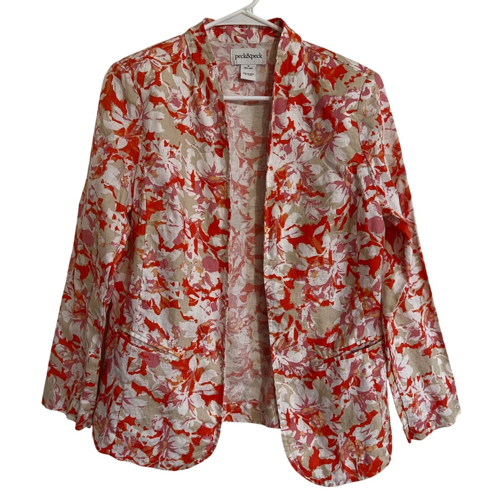 Peck & Peck Women's Medium 100% Linen Floral Open Front Blazer Pink Coral